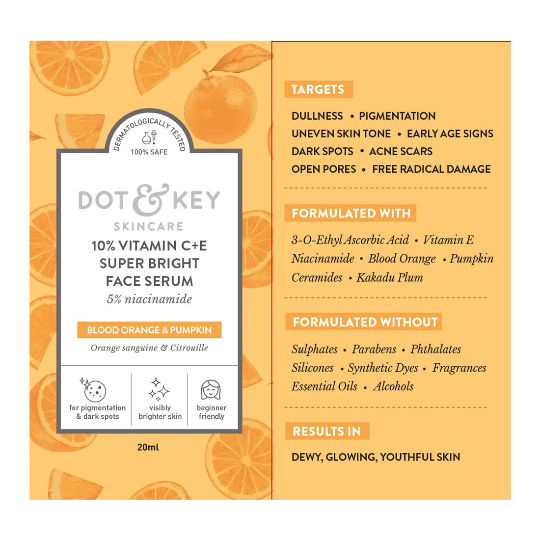 Dot & Key 10% Vitamin C + E, 5% Niacinamide Serum | Vitamin C Serum For Glowing Skin | Fades Dark Spots | Vit C Serum with Blood Orange & Pumpkin | For Uneven & Dull Skin | For All Skin Types - Shringar Bazaar