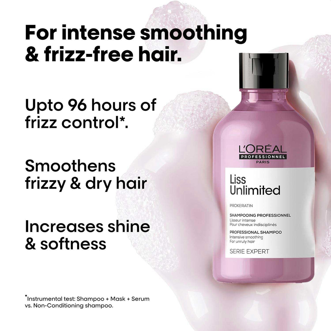 L'Oréal Professionnel Liss Unlimited Shampoo for Frizzy & Unruly Hair - 300ml | Intensive Smoothing Shampoo for Frizz-Control | Enriched with Pro-Keratin & Kukui Nut Oil | Increases Softness & Shine - Shringar Bazaar