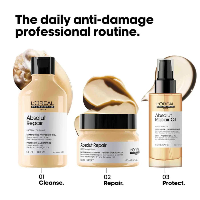 L'Oreal Absolut Repair Shampoo 300ml, Hair Mask 250gm & Hair Serum 90ml, Serie Expert with Protein and Omega-9 for Dry and Damaged Hair